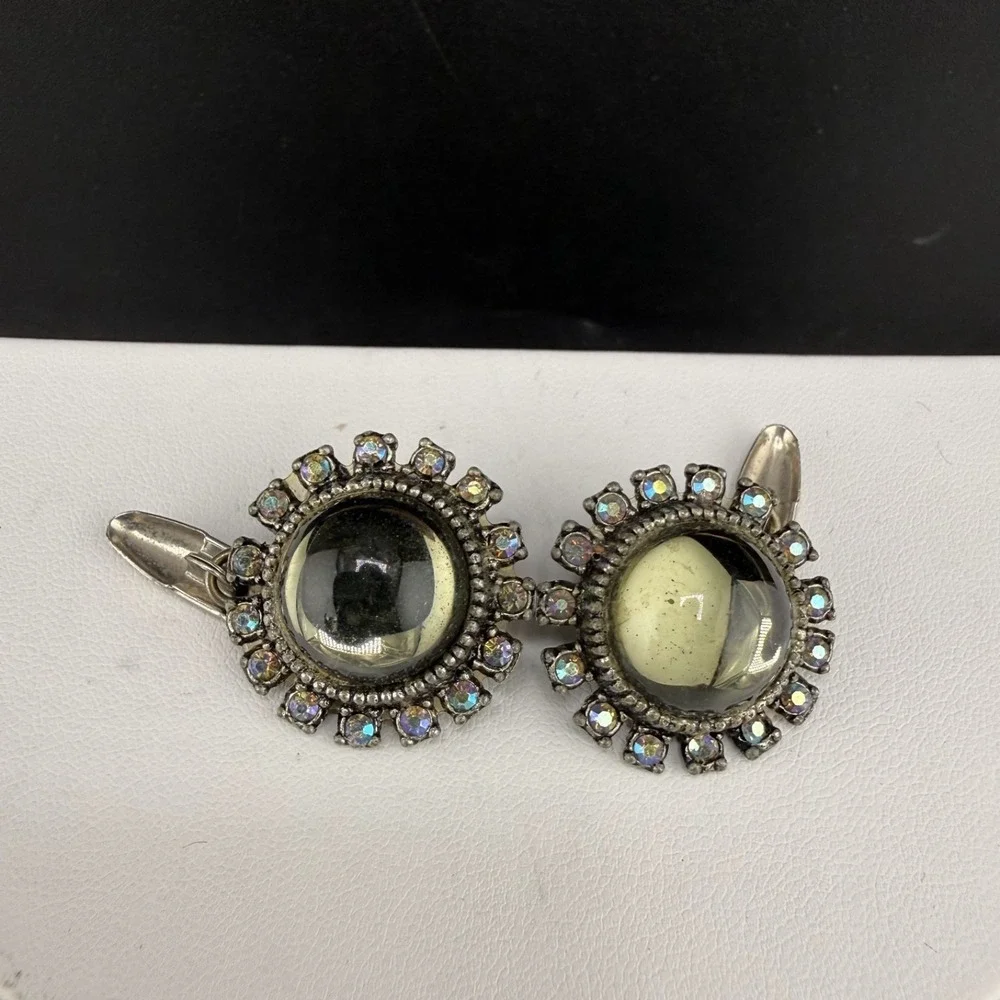 Vintage‎ Glass  Cufflinks Silver Tone Rhinestone AB
